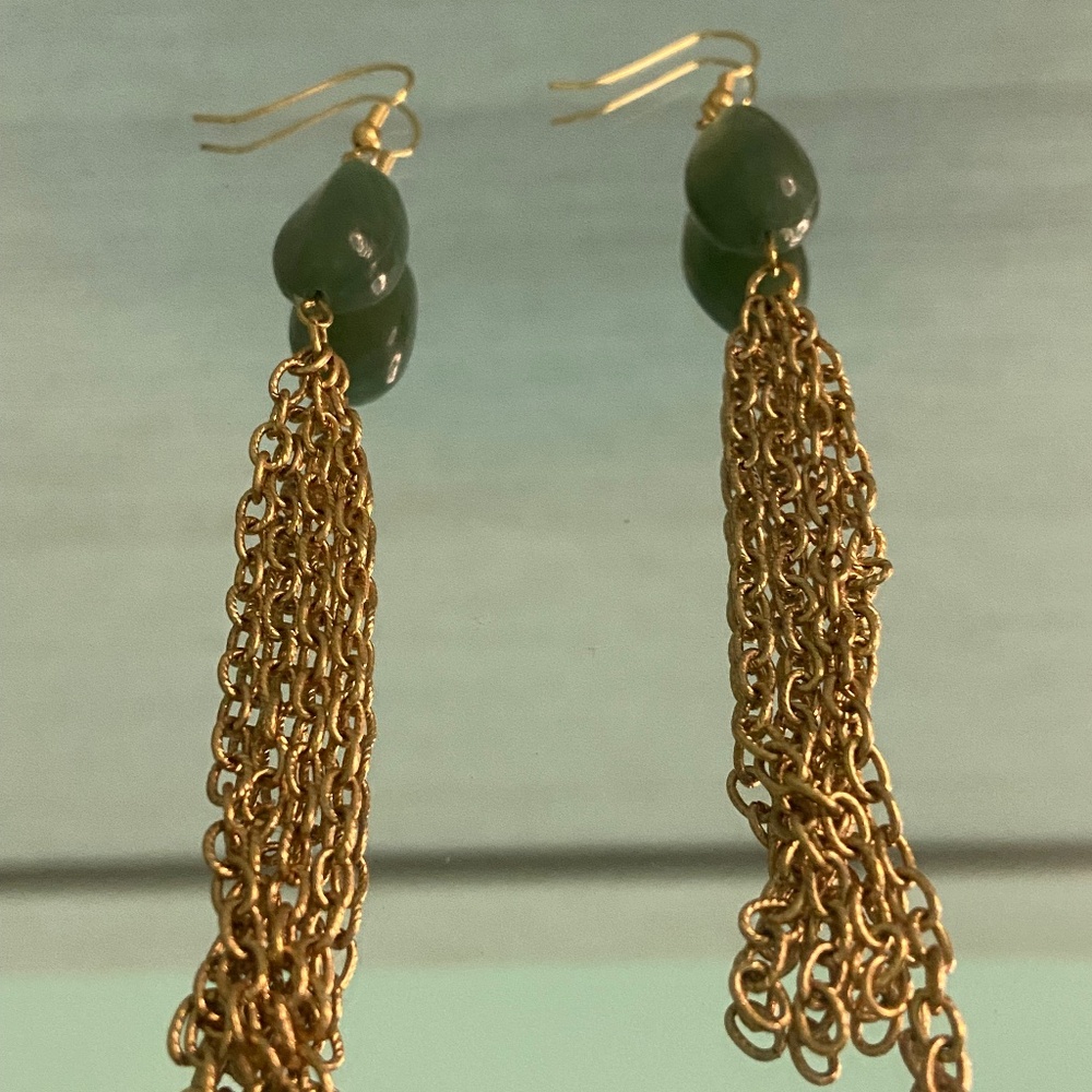 Green jade and gold dangle earrings